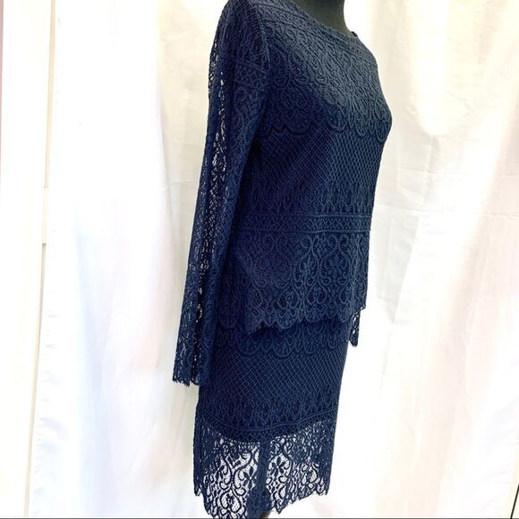 ADIVA Navy blue stretchy lace overlay long sleeve skirt blouse set size medium - Picture 4 of 14